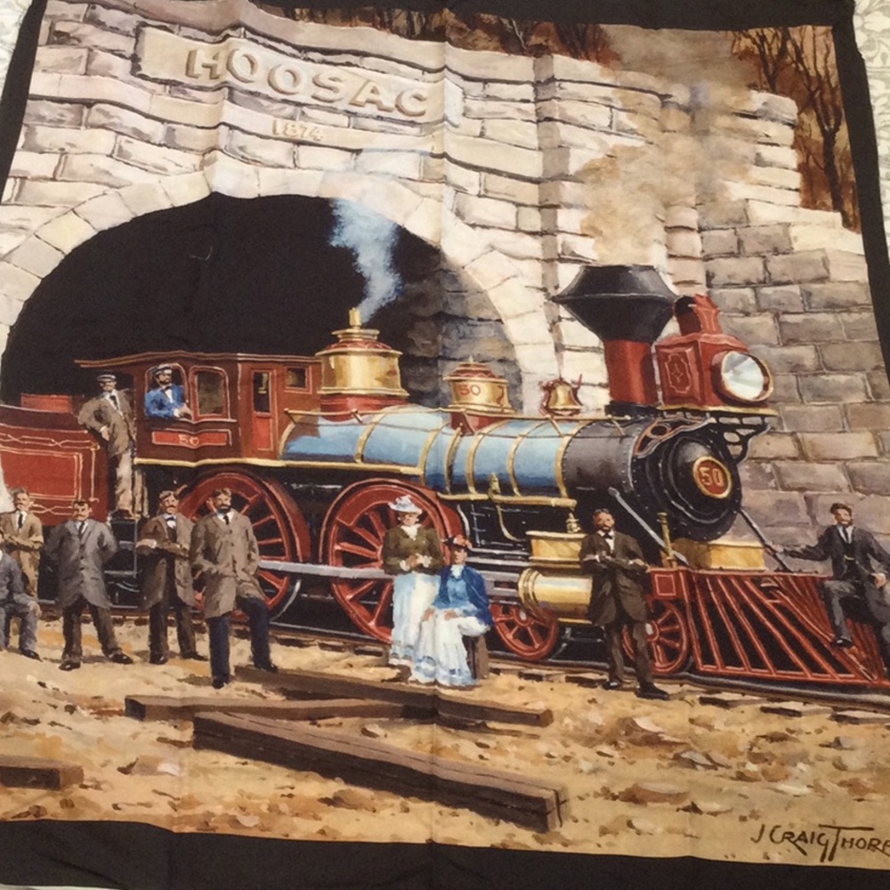 Two train quilt sewing panels. Featuring J. Craig Thorpe locomotive art